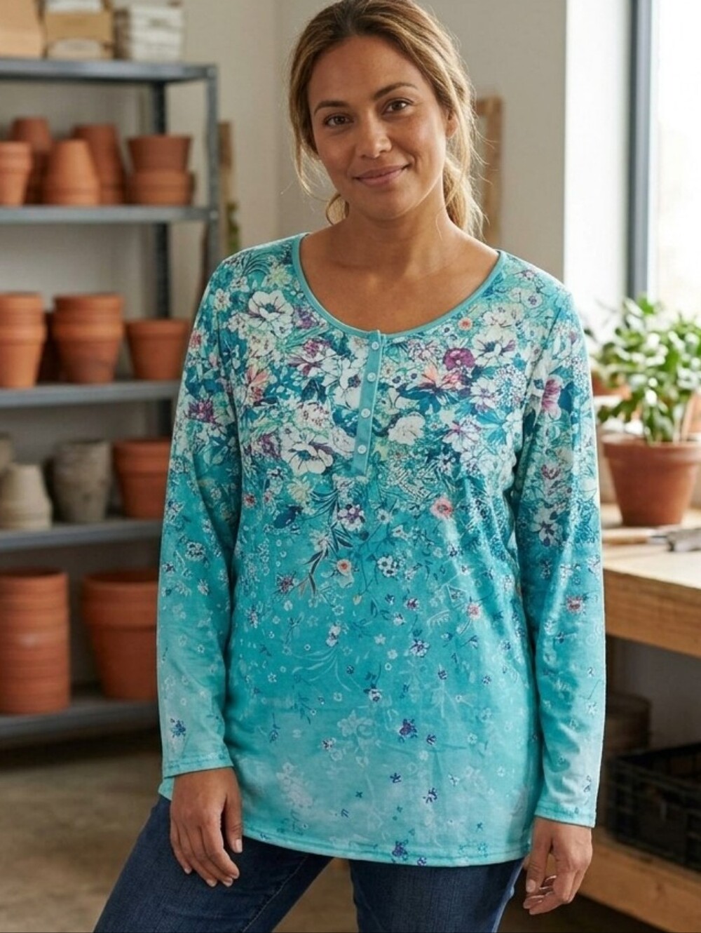 Tru Luxe Jeans Aqua Blue Floral Watercolor Henley Stretch Knit Top Plus Size 4XL